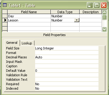 Entering the fields into the table design.